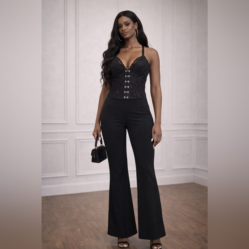 Noir Lace Sculpt Jumpsuit – Corset Fit, Flare Leg Statement Piece”